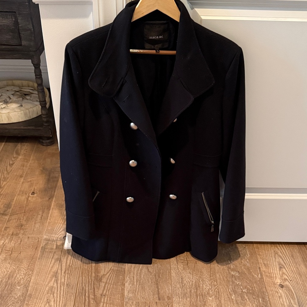 mac & jac Navy Pea Coat with Silver Buttons